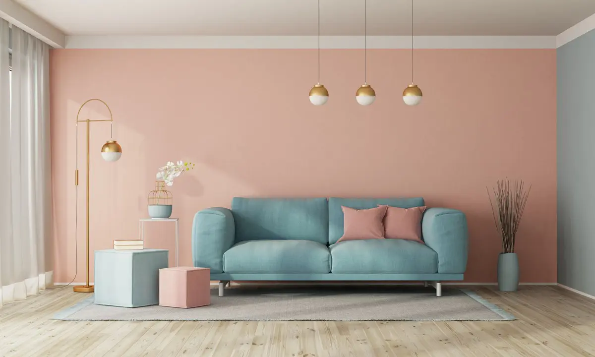 Modern living room interior with sofa on empty pastel color wall living room with a soft pink wall