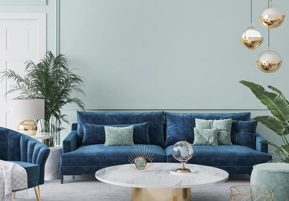 Home interior mockup with blue sofa, marble table and tiffany blue wall decor in living room blue themed living room